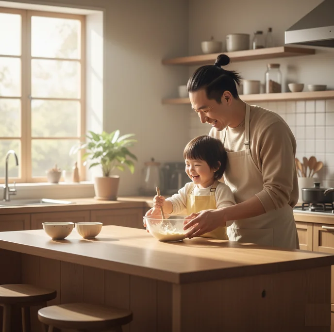爸爸和孩子一起做料理